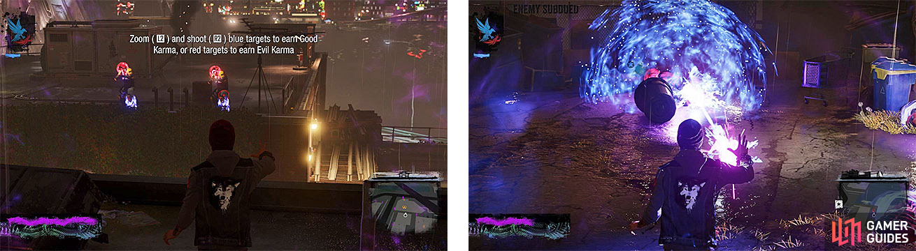 We can see Delsin practicing two new abilities, Laser Insight (left) and Stasis Bubble (right).