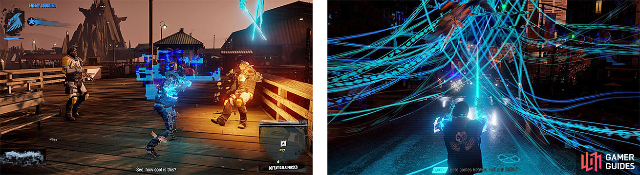 Delsin gains some new abilities for his Video power during this mission, like Invisibility (left) and Hellfire Swarm (right).