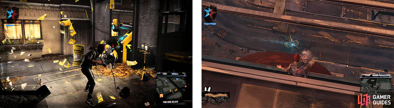 The Scanning Stations (left) house some Blast Shards, as do the Tracker Drones (right) flying around.