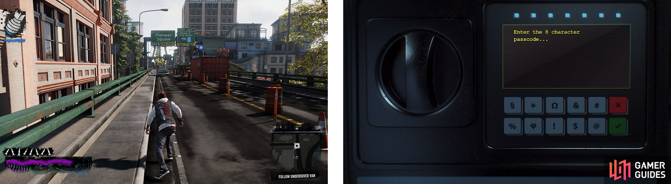 Follow the van and take out all the enemies (left), then you can go to your Paper Trail profile and try to open the safe (right).