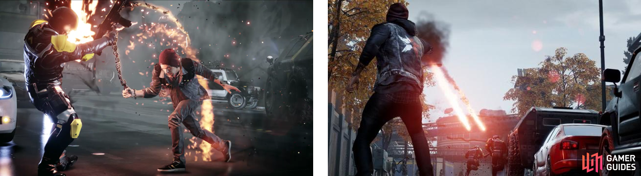 Delsin's melee attack while using Smoke (left), and the regular Smoke Shot (right).