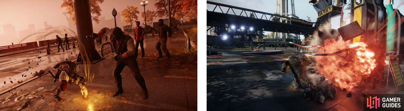 Delsin punches the ground for his melee attack when using Concrete (left) and covers himself with it when dashing (right).