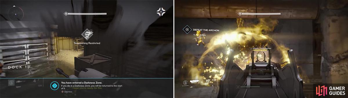 Darkness Zones (left) have limited respawning. If you die you must start from the beginning. Riksis (right) and friends can be taken down with grenades and well-placed headshots.