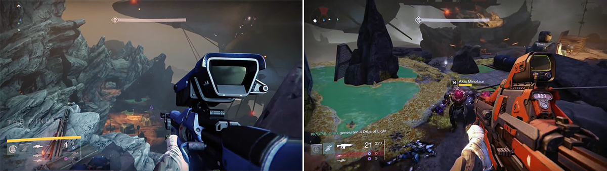 This is an excellent vantage point to snipe both the Fallen and Vex (left). You will also meet strong Minotaurs later on (right).