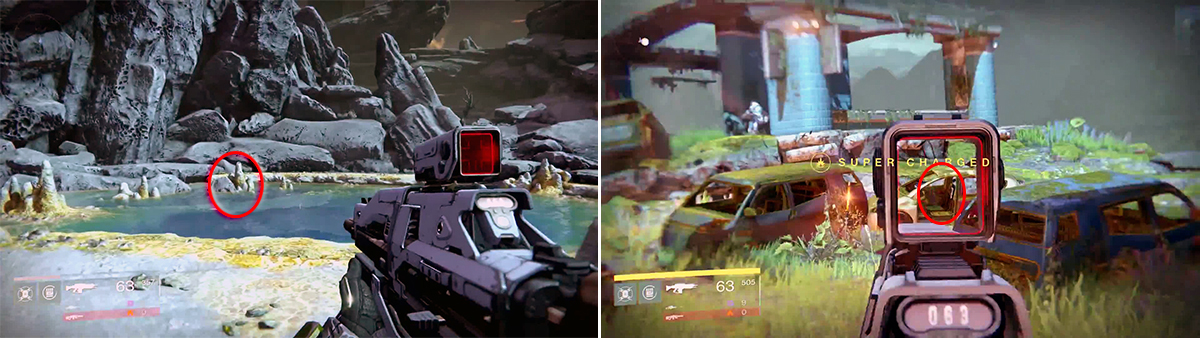 Check the rock here next to the second pool of water for ghost 1 (left). Check this car (right) for ghost 2.