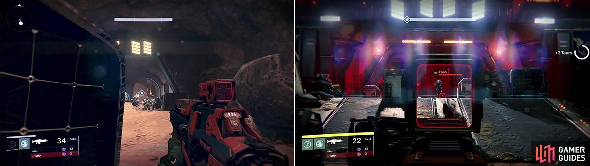 At the entrance to the Iron Line will be a group of Cabal (left). Inside is an ambush so be on the move or you will become overwhelmed (right).