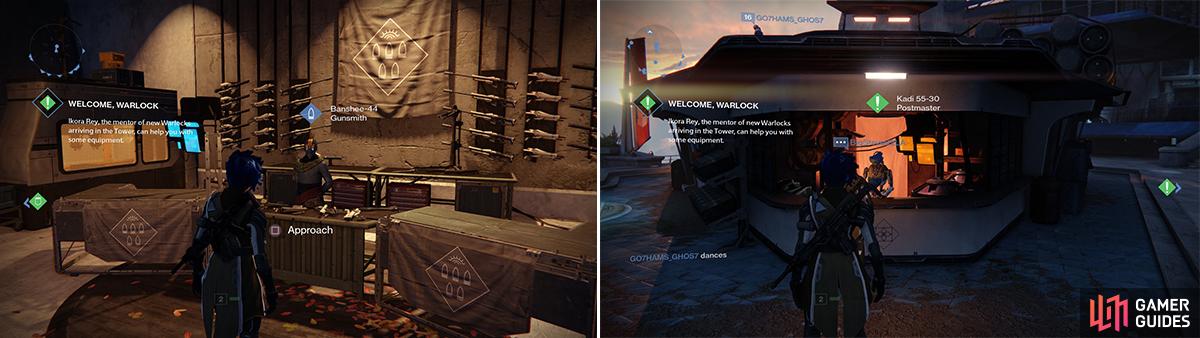 The Gunsmith (left) sells weapons of decent calibre. The Postmaster (right) will track bounties and give you messages.