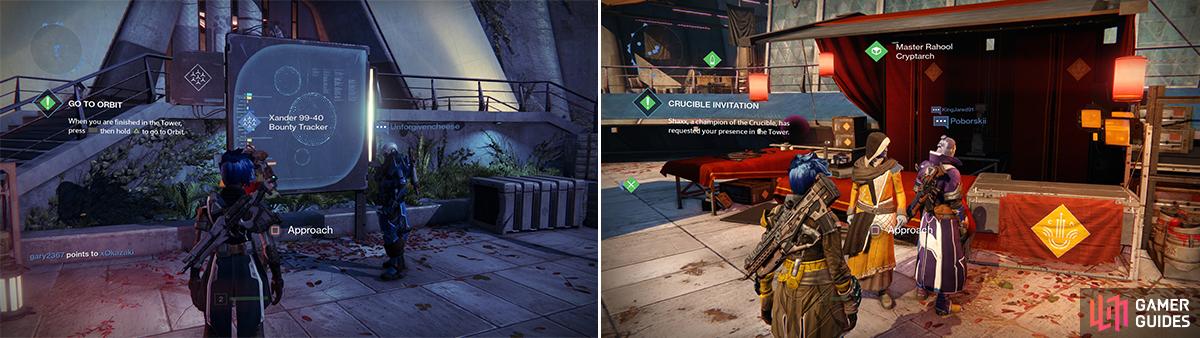 The Bounty Tracker (left) lets you access and turn in bounties you have collected. The Cryptarch (right) deciphers any engrams you find.
