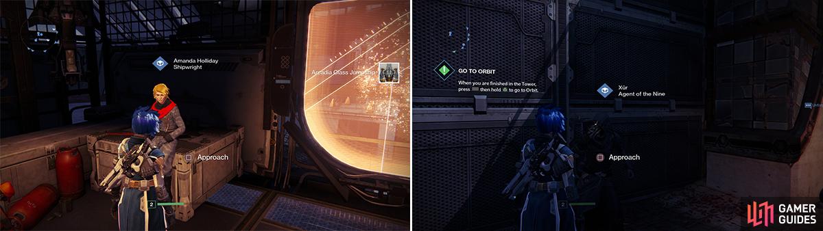 The Shipwright (left) is used to purchase new ships or vehicles from. Xur (right) is a special vendor who only appears at weekends and sells legendary and exotic items. He moves location each week.