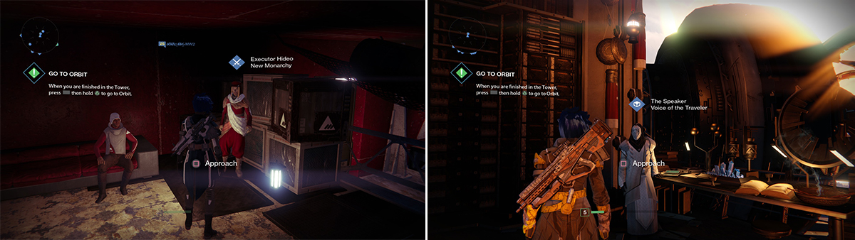 Factions (left) can be joined and you can earn reputation from them. You can then buy faction specific items from the vendors. The Speaker (right) sells legendary equipment in exchange for Motes of Light.