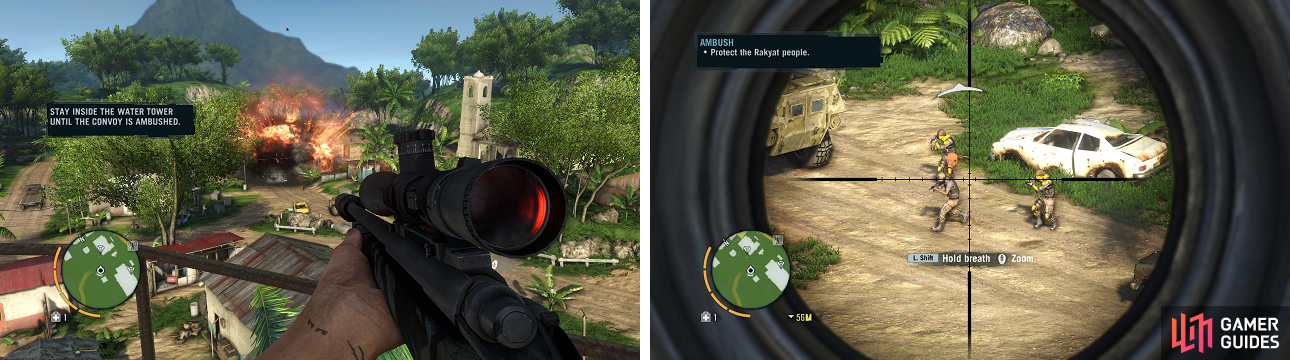 As soon as the initial truck blows up, get ready to start shooting with the sniper rifle.