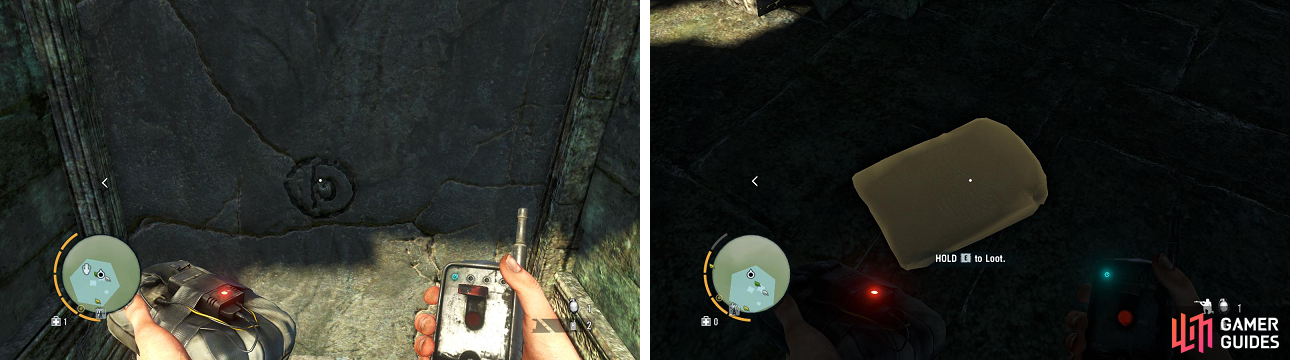 Blow up the wall (left), then go across the bridge and you'll find the tablet behind the ladder.