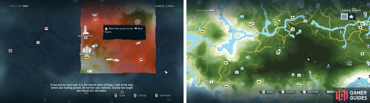What the map looks like before activating Radio Towers (left), as well as after activating them (right).