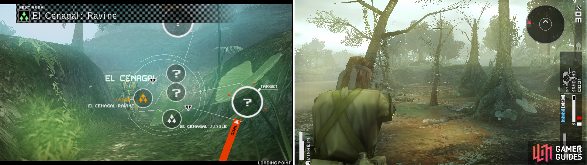 Entering El Cenegal: Ravine where there are no enemies (left picture) and once at El Cenegal: Swamp (right picture) which is marked as the best place to shoot down all 3 enemies.