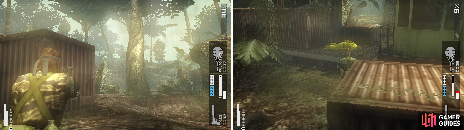 The sniper located on a cliff to the north. Snipe him down with your Mk22 if possible (left picture) and a POW on the train (right picture).