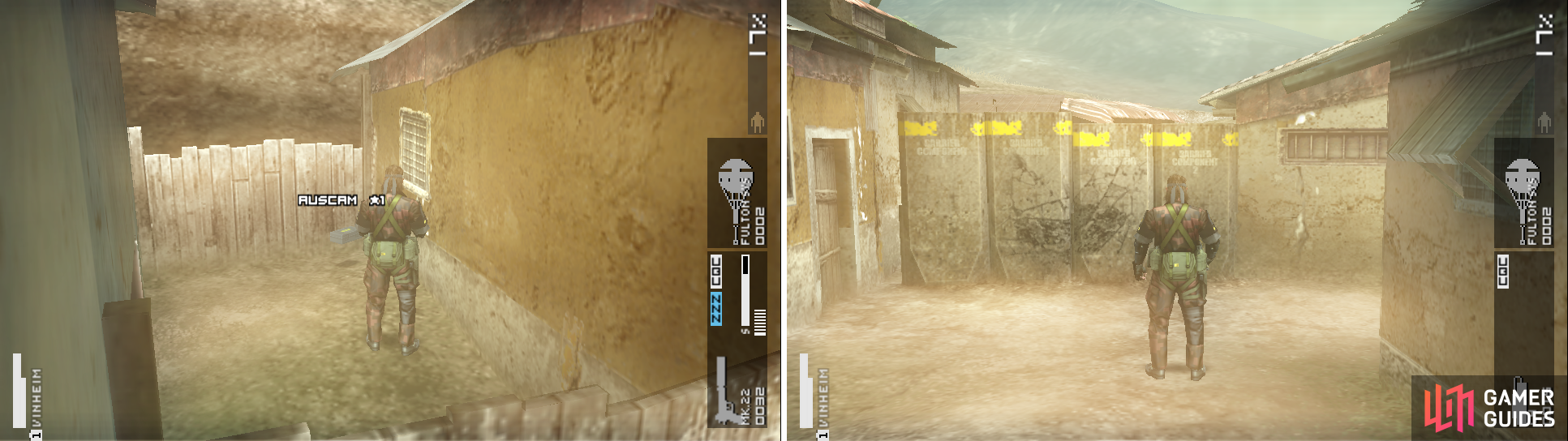 The Desert Auscam camo’s location (left picture). Time to C4 the wall to rubble (right picture).