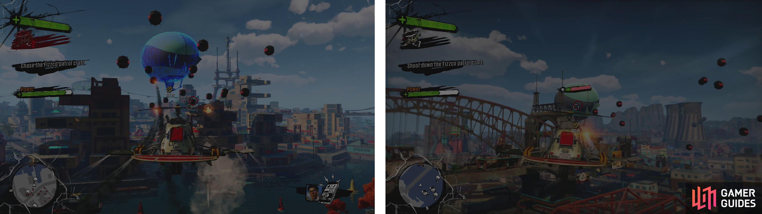 Chase the blimp and destroy or dodge the mines it releases (left). When the blimp’s shield goes down, destroy it (right).