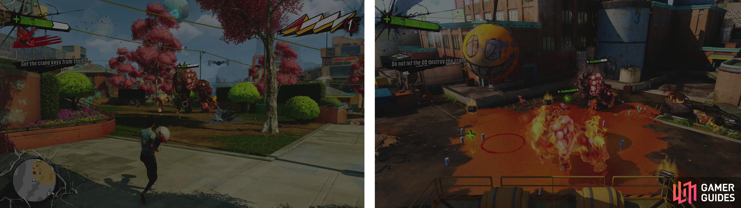 Head to the park nearby and kill the OD, the Herker has the crane key (left). Use the crane to smush all of the OD that enter the area (right).