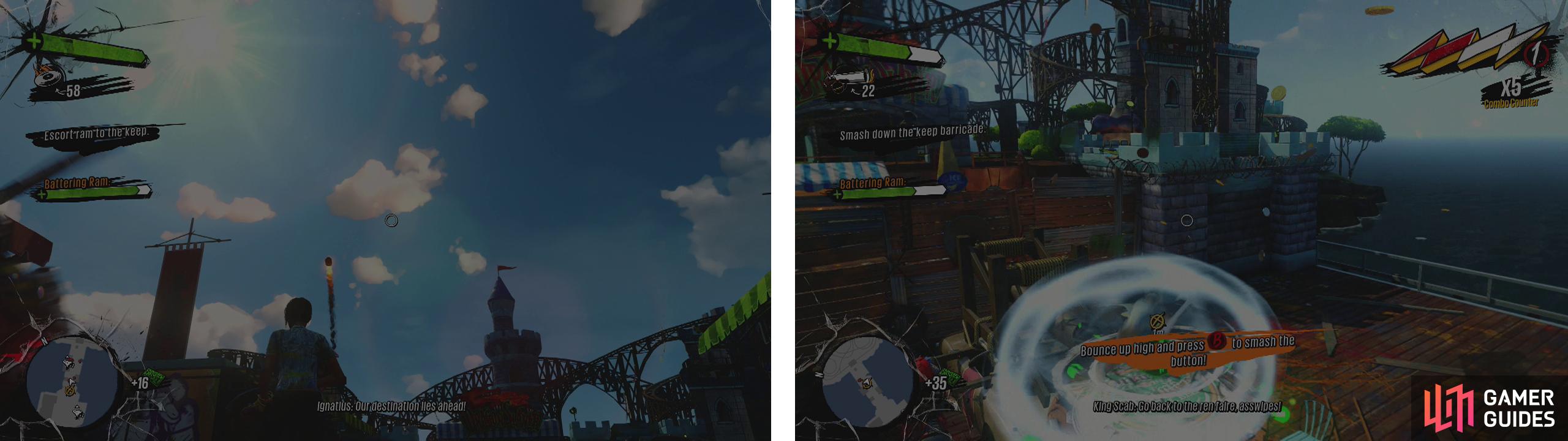 Shoot down the incoming cannon fire (left) and when the ram reaches a barricade perform a ground slam on the button (right).