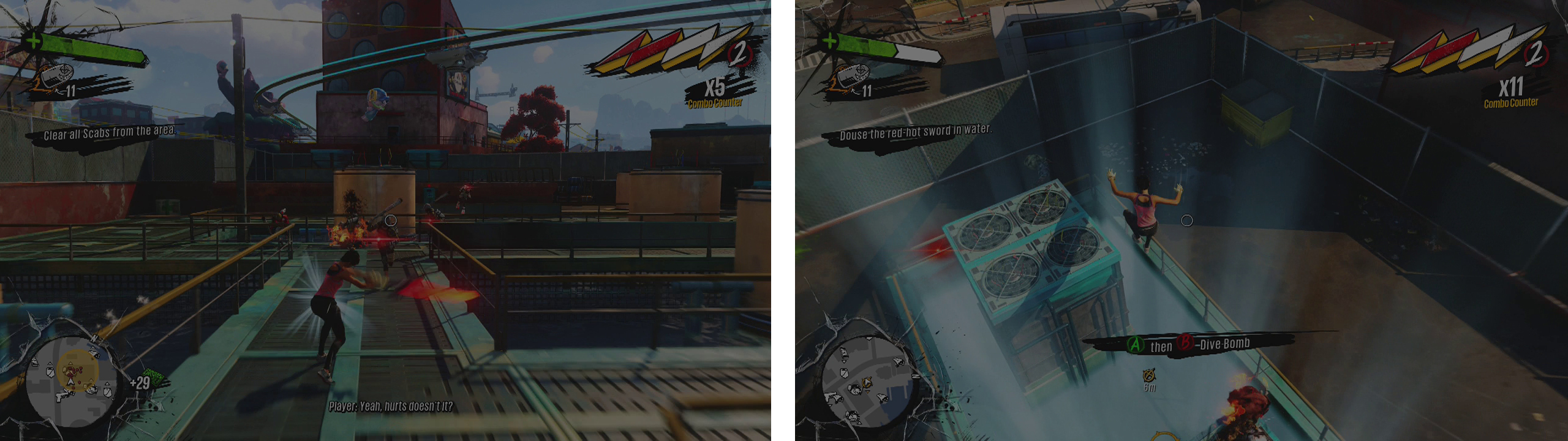 Use your new weapon to help eliminate the Scabs (left). Then divebomb the indicated pool of water (right).