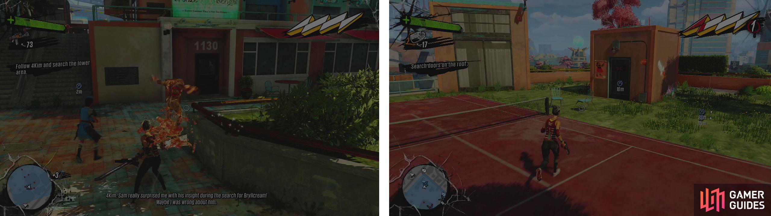 Escort 4Kim through the base of the apartment blocks (left). Climb to the roof and interact with the door by the tennis court (right).