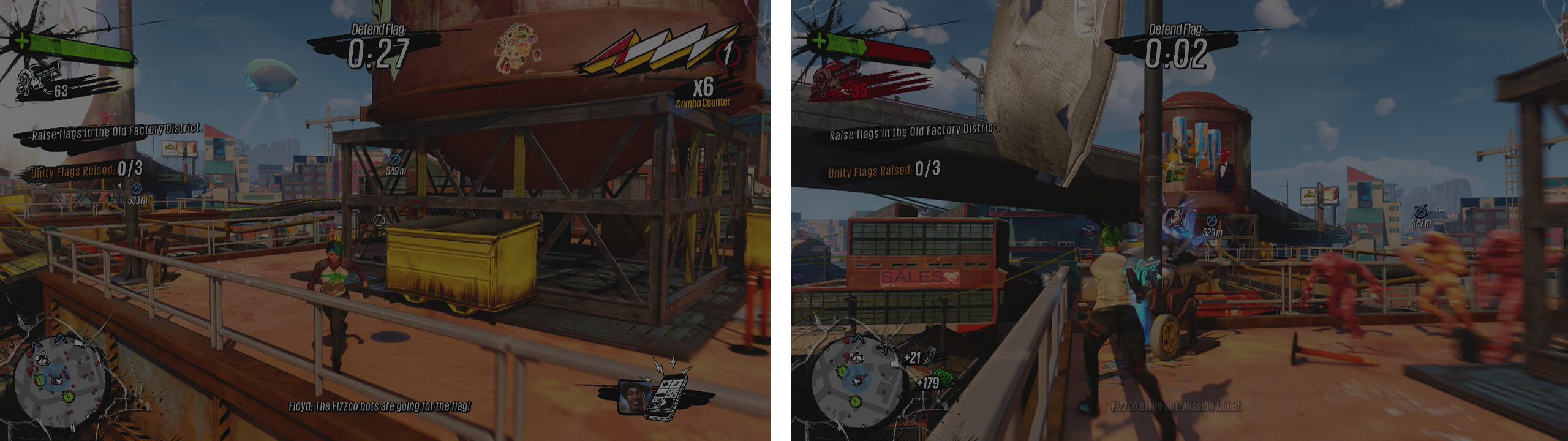 Head up and hit the lever by the flag (left). Then defend it against enemies for 30 seconds (right).