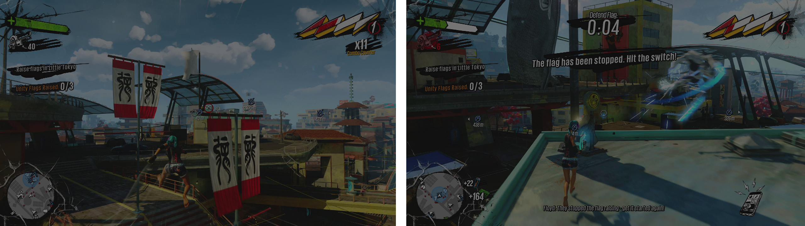 Hit the lever at the base of the flag (left) and defend it against enemies for 30 seconds (right).