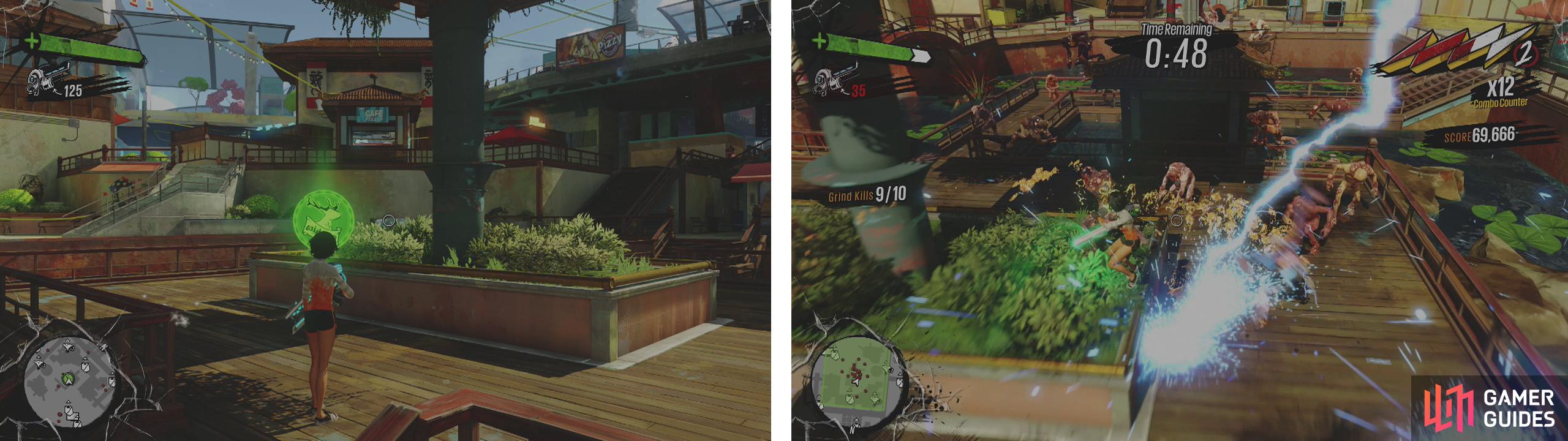 You can start the mission here (left). Grind around the central platform and melee attack constantly to build a large combo (right).