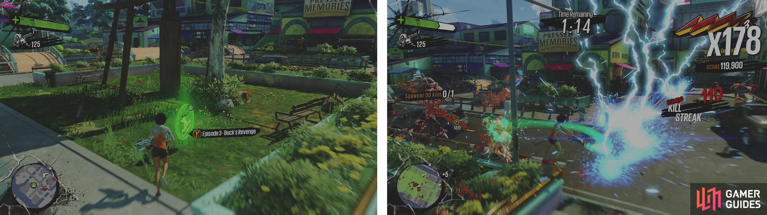 You can start the mission here (left). Grind around the U-shaped railing and melee attack constantly for some solid points (right).
