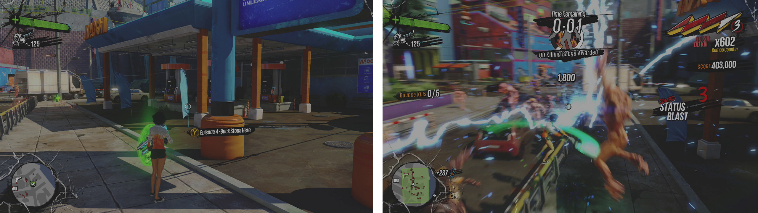 You can start the mission here (left). Grind up and down the railing in front of the gas station whilst melee attacking all the way (right).
