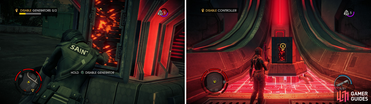 You have to take out all of the generators (left) before the dome covering the central control mechanism (right) disappears.
