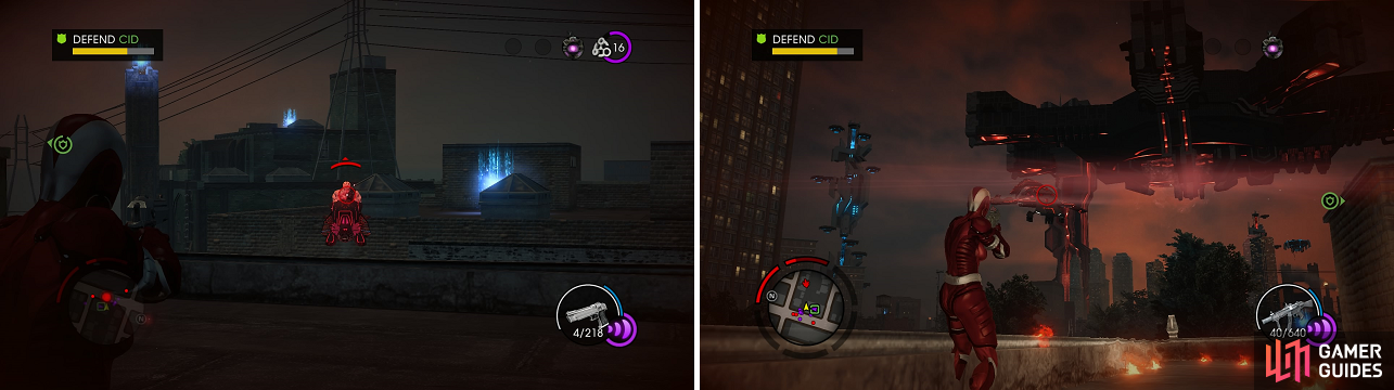 The Zin on flying vehicles are annoying (left), but the ship is definitely more dangerous (right).