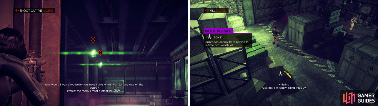 This mission plays out like a mixture of Splinter Cell and Metal Gear Solid. Oh, the references!