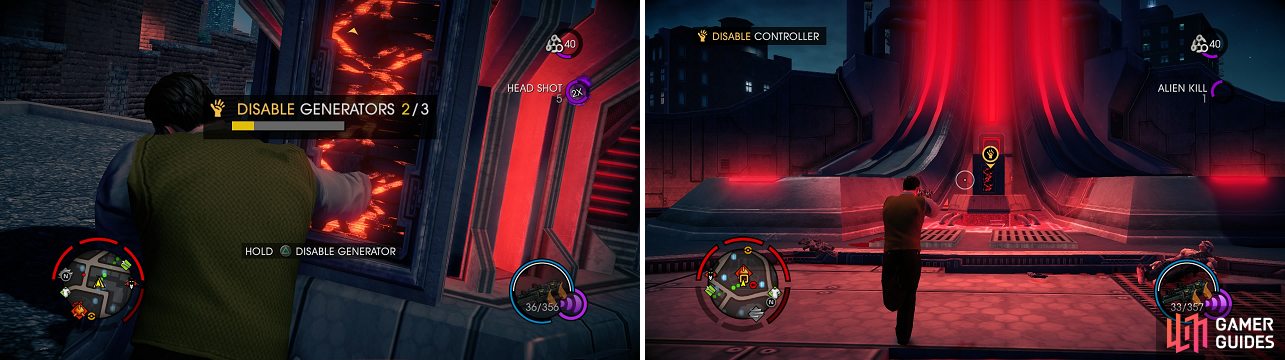 Disable the generators (left) to bring down the shield, so you can shut down the Hotspot's main control panel (right).
