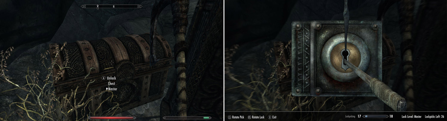 Locks are an unfortunate reality of life in Skyrim, and come in a variety of difficulties (left). Rotate your lockpick in the lock until you find the sweet spot to open locked containers.