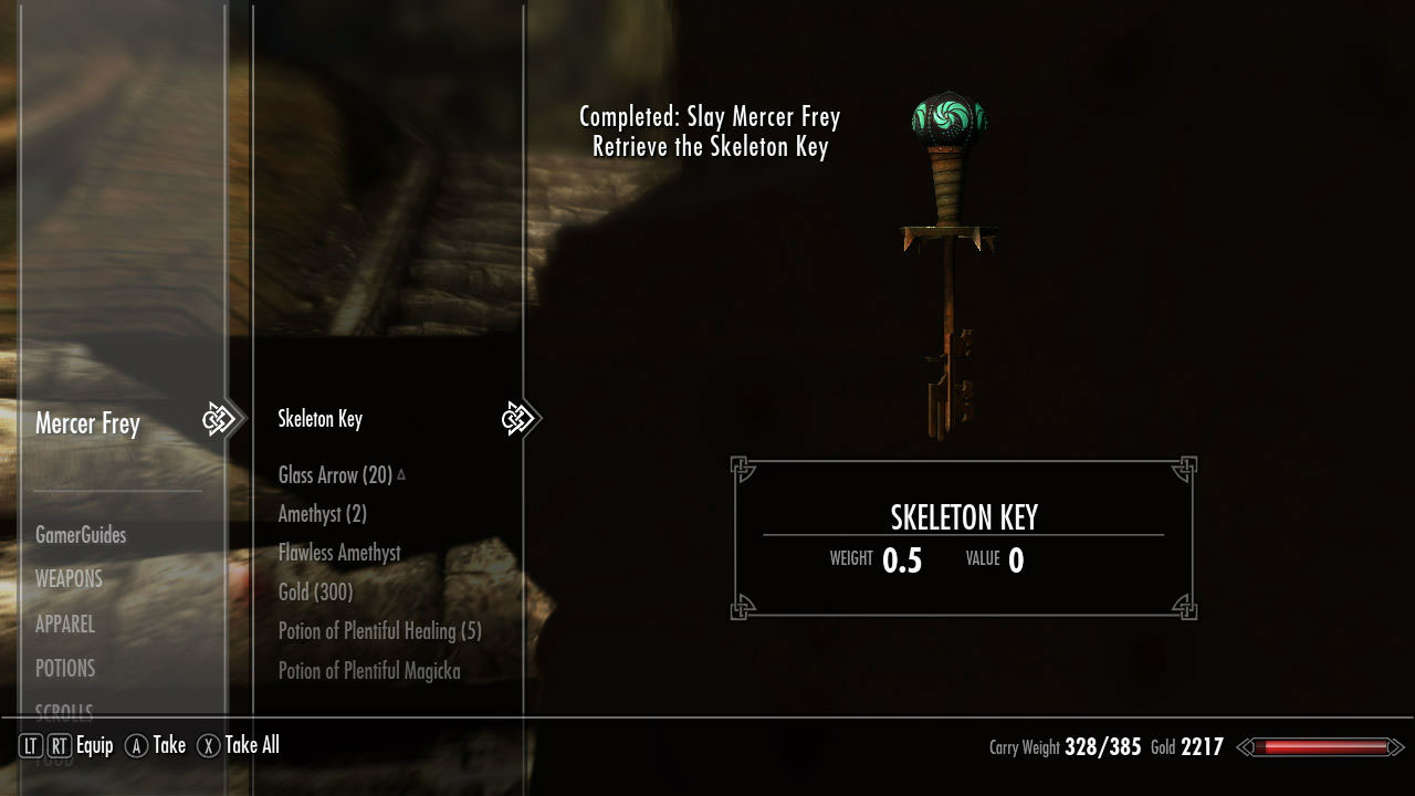 Note: The SKELETON KEY can open ANY LOCK. Any lock at all. The next quest will take it away from us, but between now and then… it is yours to enjoy. Take advantage of it! This is a supremely over-powered tool at your disposal. The Skeleton Key functions like a lockpick, but it won’t break no matter what. This means you have an unlimited amount of tries and time to open any lock you run across.