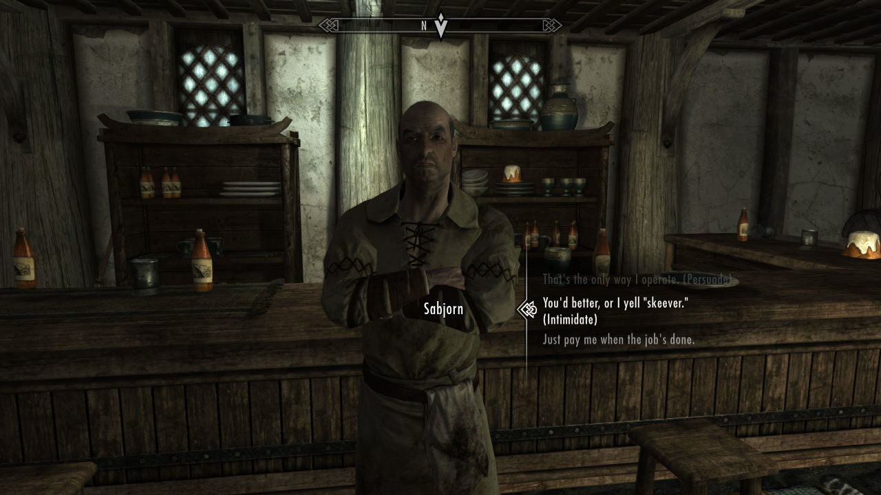Now leave Whiterun and head over to Honningbrew Meadery, which is to the southeast of Whiterun. Inside, speak to Sabjorn. Tell him you’re here to clear out his skeever problem and he’ll hire you. Now you can use either PERSUADE or INTIMIDATE to get HALF of your pay (500 Gold) up front. Trust me, you want to get some upfront!
