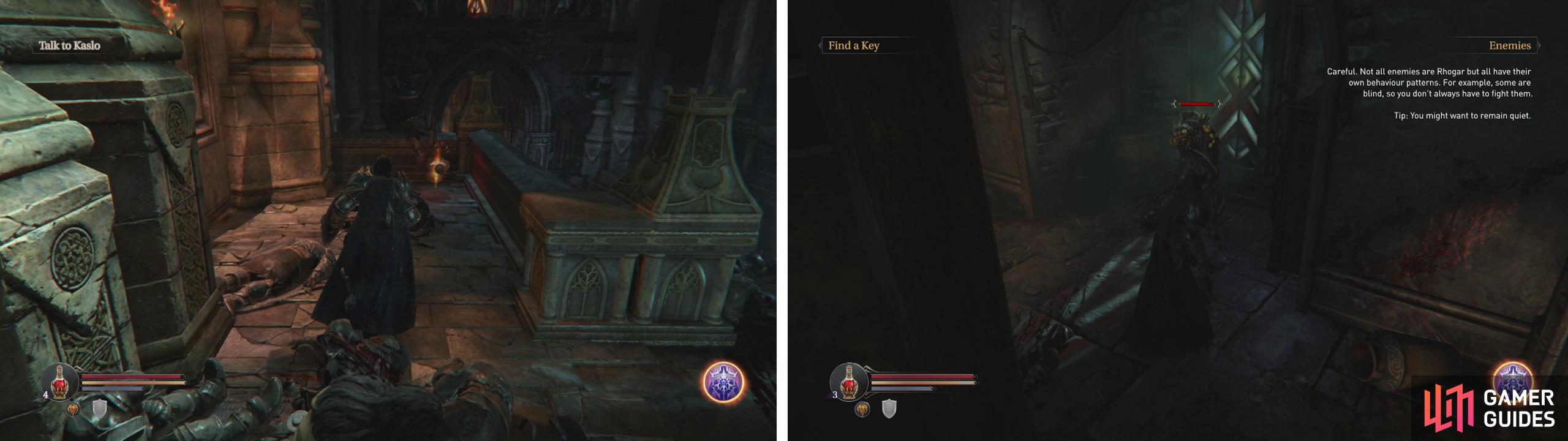 At the top of the stairs youll find the first Audio Note (left). Inside the door at the base of the stairs is the first Infected (right).