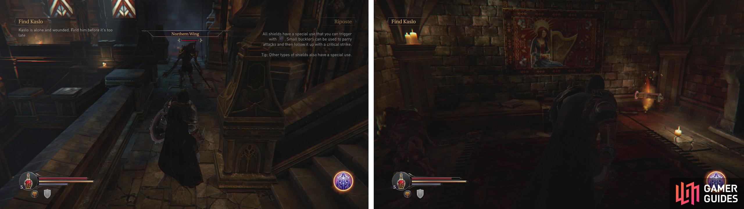 Enter the stairwell and practice your backstab (left). Enter the doors halfway down the stairs to find a pair of Infected and an Audio Note (right).