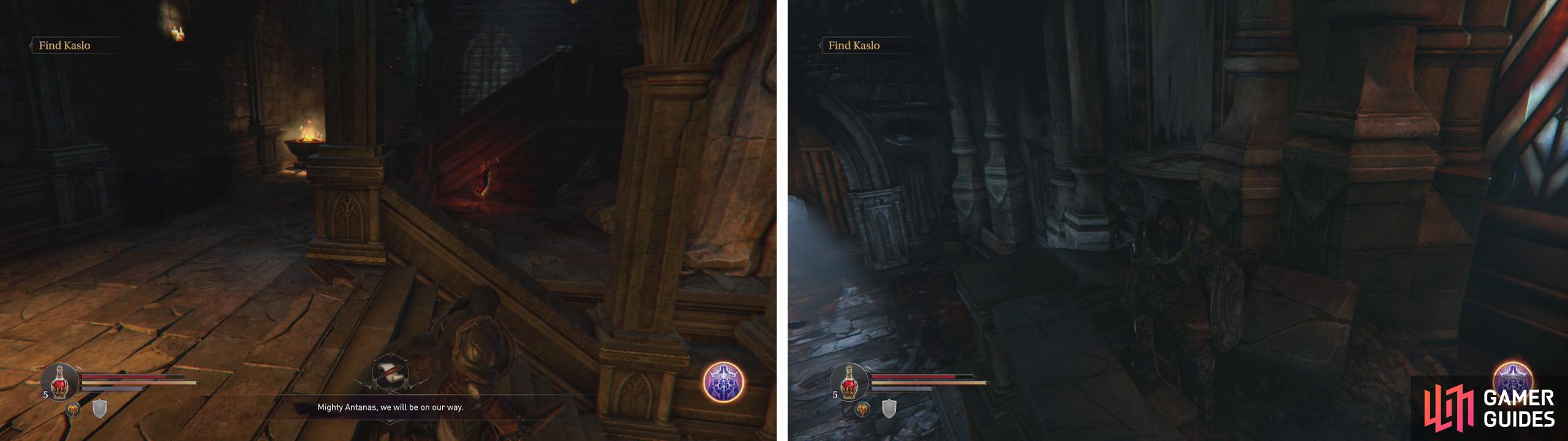 Hop the barrier to reach the Northern Monastery Wing Door Key (left). Backtrack to the first room in the game and jump from the top of the stairs to the platform on the right (right).