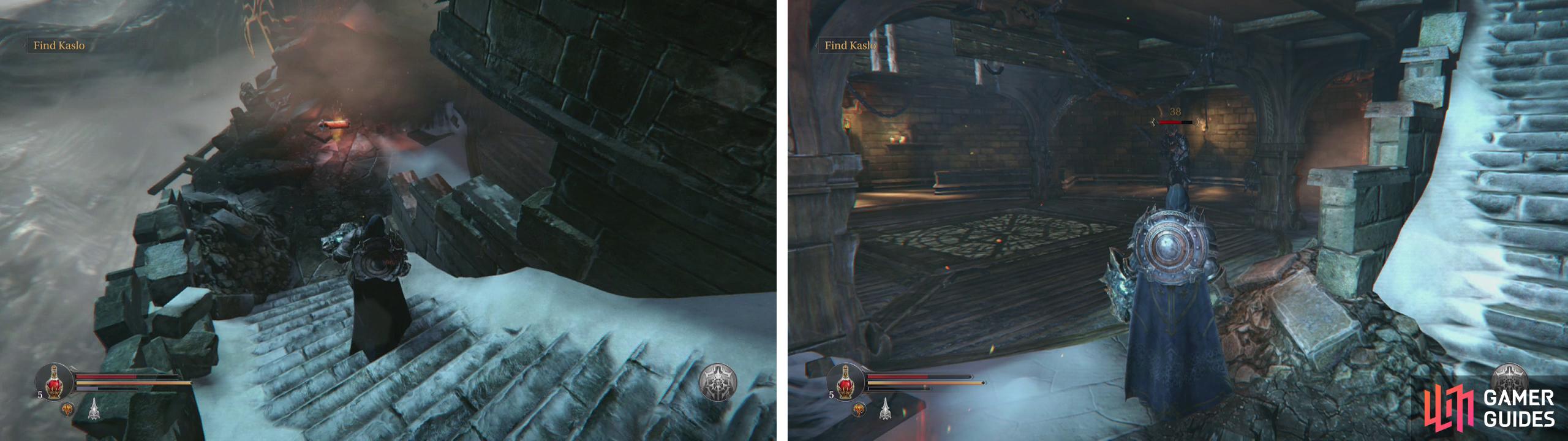 Descend the stairs into the tower to find an Audion Note (left). Defeat the Marauder hanging out inside (right).