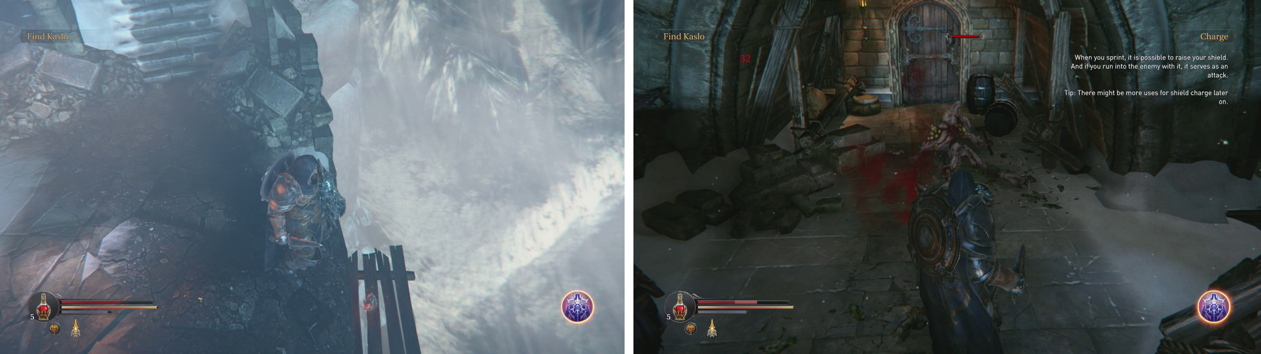 From the room with the Maruader drop down to the ledge with the Tower Key (left). Continue along the outer pathway here, kill the Crossbowman and Infected and use the key to open the door (right).