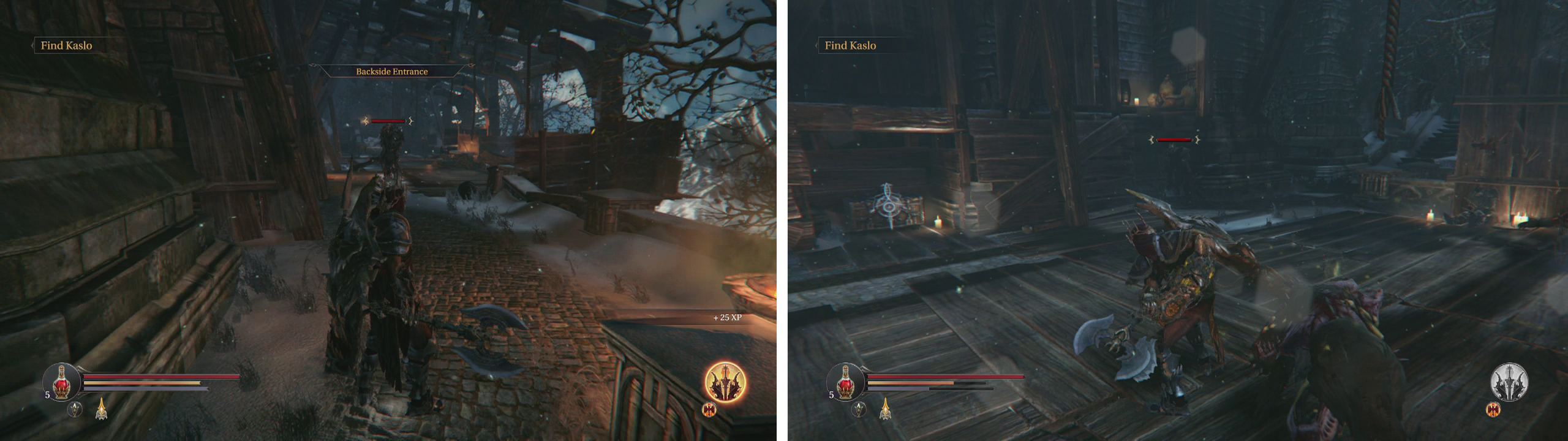 Left of the Checkpoint Crystal is a path with high level enemies (left). You can loot the chest for a weapon and an Empty Bottle (right).