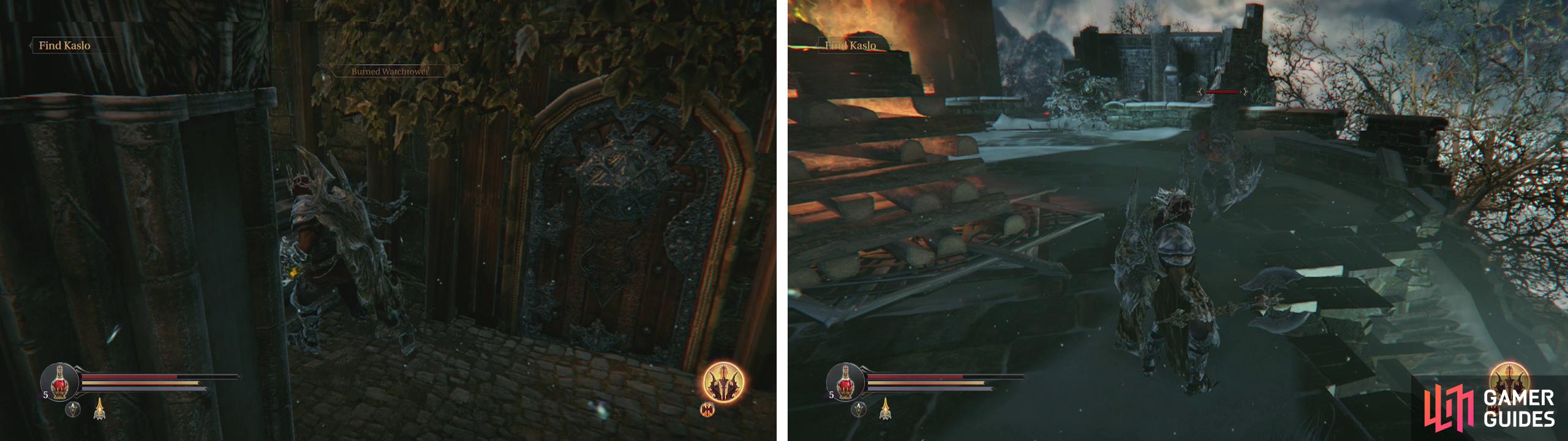 Look for the hard to spot staircase next to the door (left). On the roof, use the Bloody Flint on the pile of wood for some XP (right).