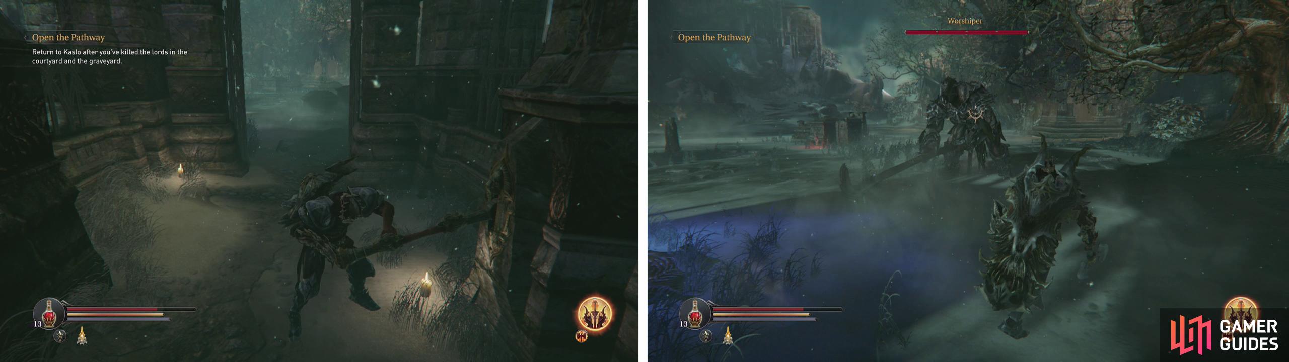 Pull the lever (left) and enter the graveyard to fight the Worshiper (right).