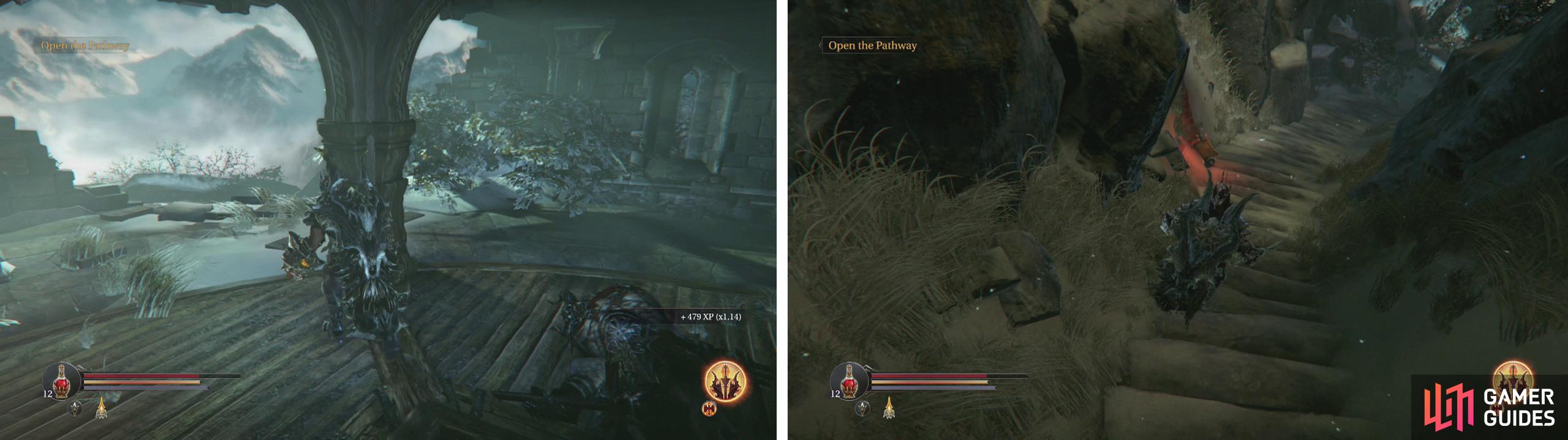From the Burned Watchtower drop down from the broken wall to a path below (left). here youll find a chest and an Audio Note (right).
