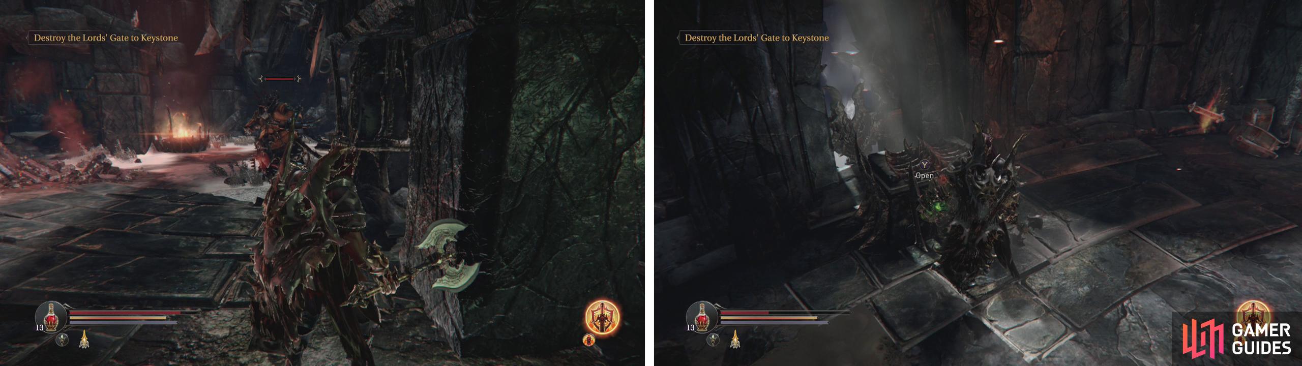 Clear out the Forger (left) and Rogues at ground level. Climb the stairs opposite the entrance for a chest and Audio note (right).