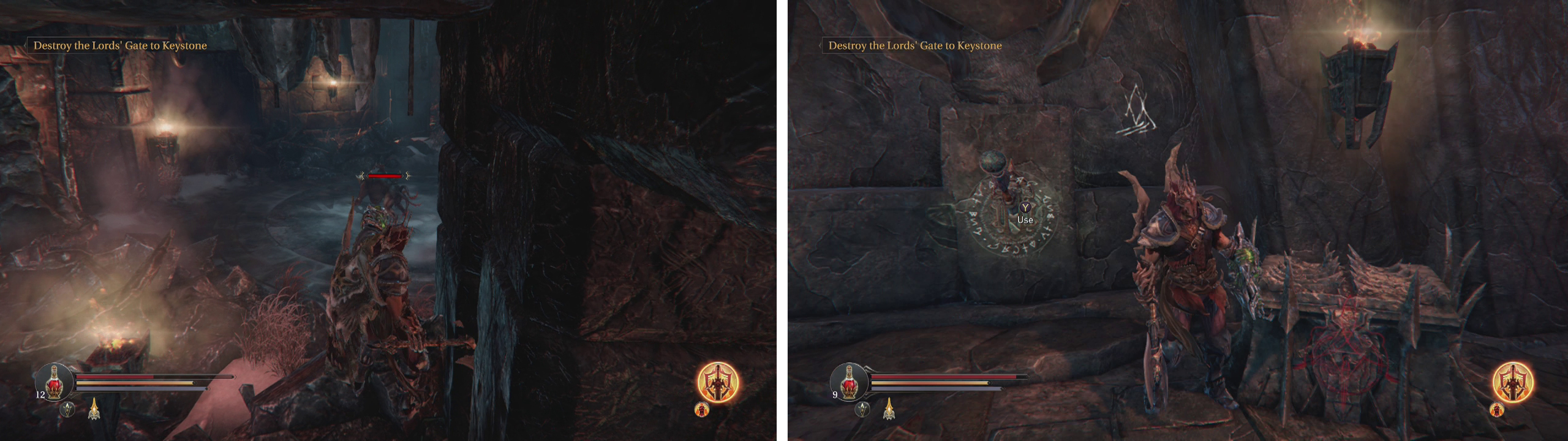 In the Western Antechamber you'll find your first Demon Hounds (left). Enter the door beneath the entrance to find a lever (right).