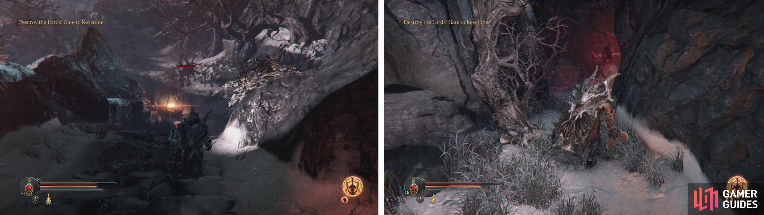 Head down the snowy path and kill the Dimensional Beast at the bottom (left). Look under the stairs for a Checkpoint Crystal (right).