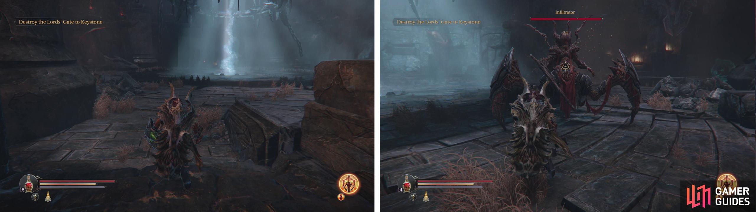 Approach the blue beam of light (left) to encounter the Infiltrator (right).
